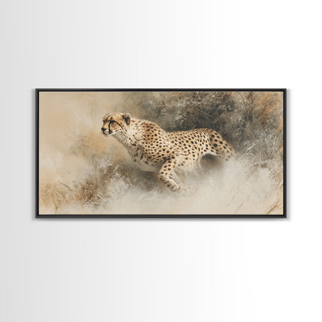 Cheetah Running Through Warm Dust Canvas Print, Wildlife Art, Contemporary Art, Living Room Decor, Wild, Wall Art Print, WIL-2x1-41