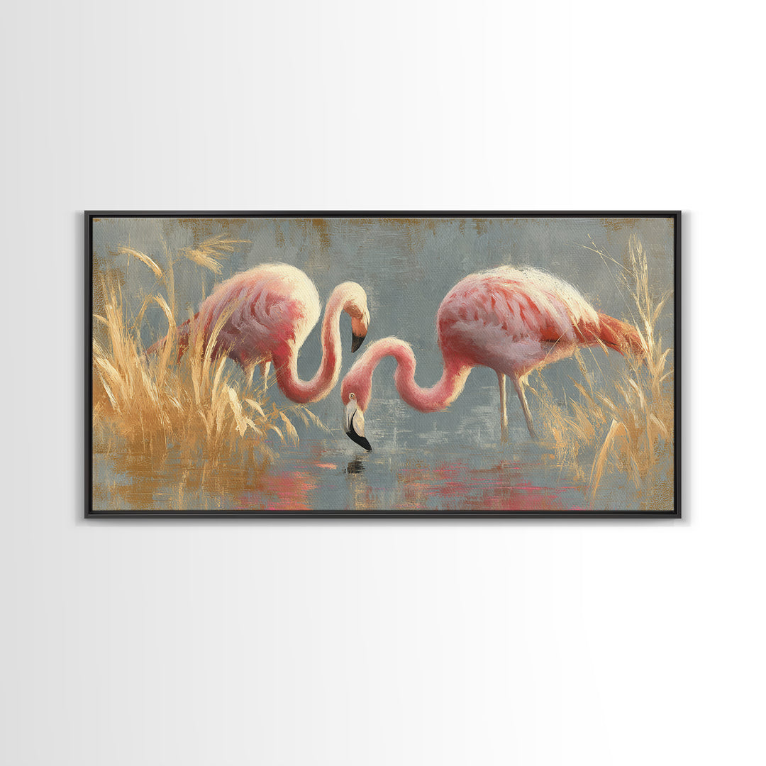 Flamingos in Pink Shallow Water Framed Canvas Print, Wildlife Art, Statement Artwork, Living Room Decor, Fine Art, Wild, WIL-2x1-42