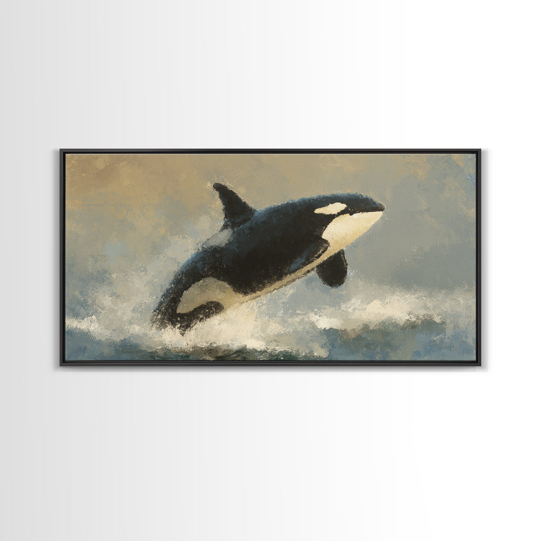 Orca Breaching in Cold Ocean Framed Canvas Print, Wildlife Art, Wall Hangings, Living Room Decor, Oil Painting, Wild, WIL-2x1-43