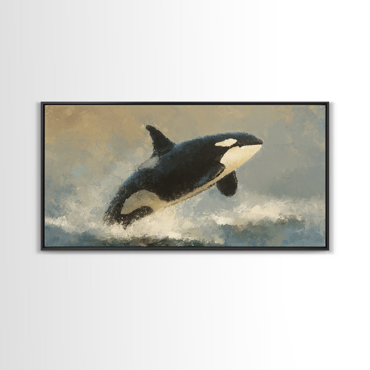 Orca Breaching in Cold Ocean Framed Canvas Print, Wildlife Art, Wall Hangings, Living Room Decor, Oil Painting, Wild, WIL-2x1-43