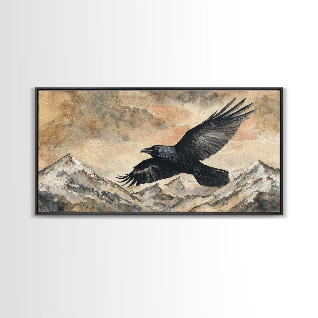 Raven Flying Through Snowy Mountains Canvas Print, Wildlife Art, Textured Painting, Living Room Decor, Fine Art, Wild, WIL-2x1-44