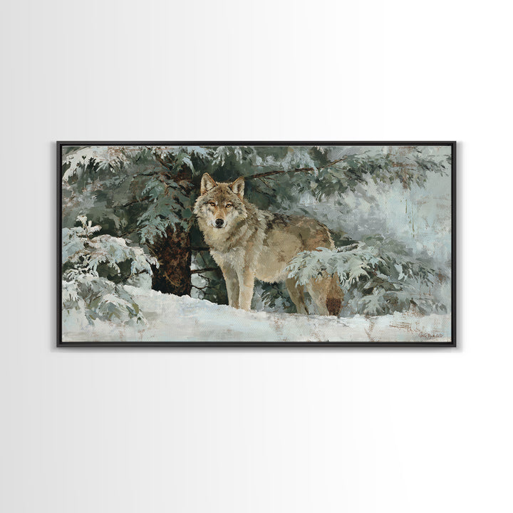 Wolf Standing Beneath Snowy Pine Trees Canvas Print, Wildlife Art, Wall Art Print, Living Room Decor, Oil Painting, Wild, WIL-2x1-47