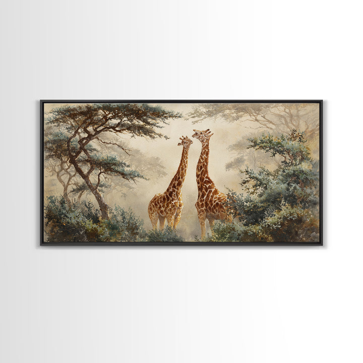 Giraffe Pair under Acacia Tree Framed Canvas Print, Wildlife Art, Modern Wall Art, Living Room Decor, Watercolor Art, Wild, WIL-2x1-51