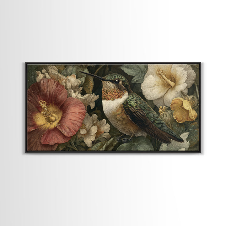 Hummingbird Beside Bright Flowers Framed Canvas Print, Wildlife Art, Oil Painting, Living Room Decor, Fine Art, Wild, WIL-2x1-60