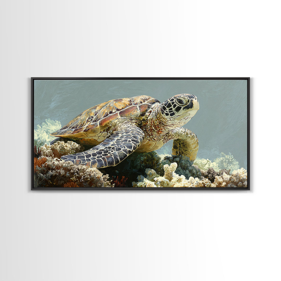 Sea Turtle over Coral Reef Canvas Print, Wildlife Art, Room Decor, Living Room Decor, Oil Painting, Wild, Large Wall Art, WIL-2x1-62