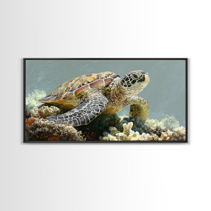 Sea Turtle over Coral Reef Canvas Print, Wildlife Art, Room Decor, Living Room Decor, Oil Painting, Wild, Large Wall Art, WIL-2x1-62