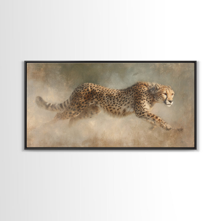 Cheetah Running Through Warm Dust Framed Canvas Print, Wildlife Art, Wall Hangings, Living Room Decor, Abstract Art, Wild, WIL-2x1-65