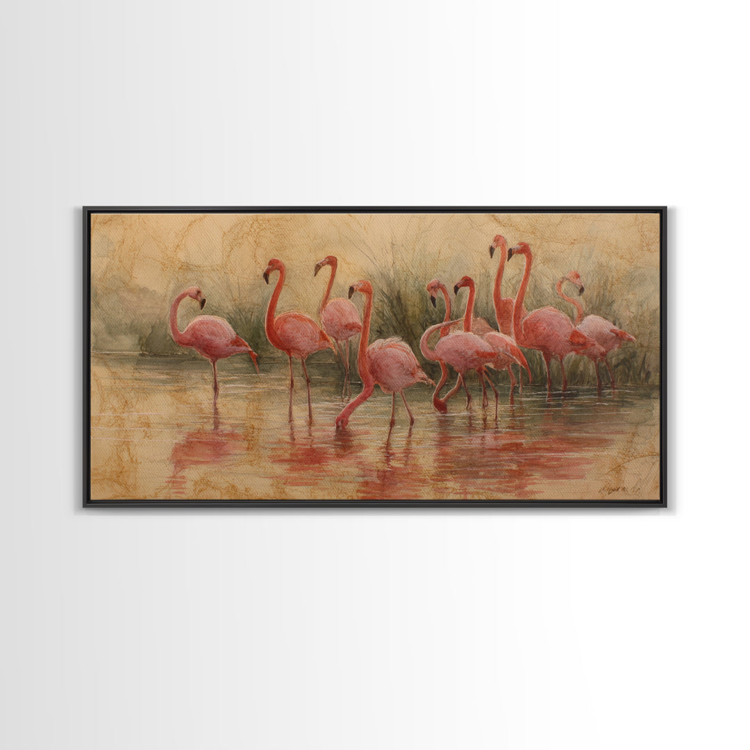 Flamingos in Pink Shallow Water Canvas Print, Wildlife Art, Textured Painting, Living Room Decor, Watercolor Art, Wild, WIL-2x1-66