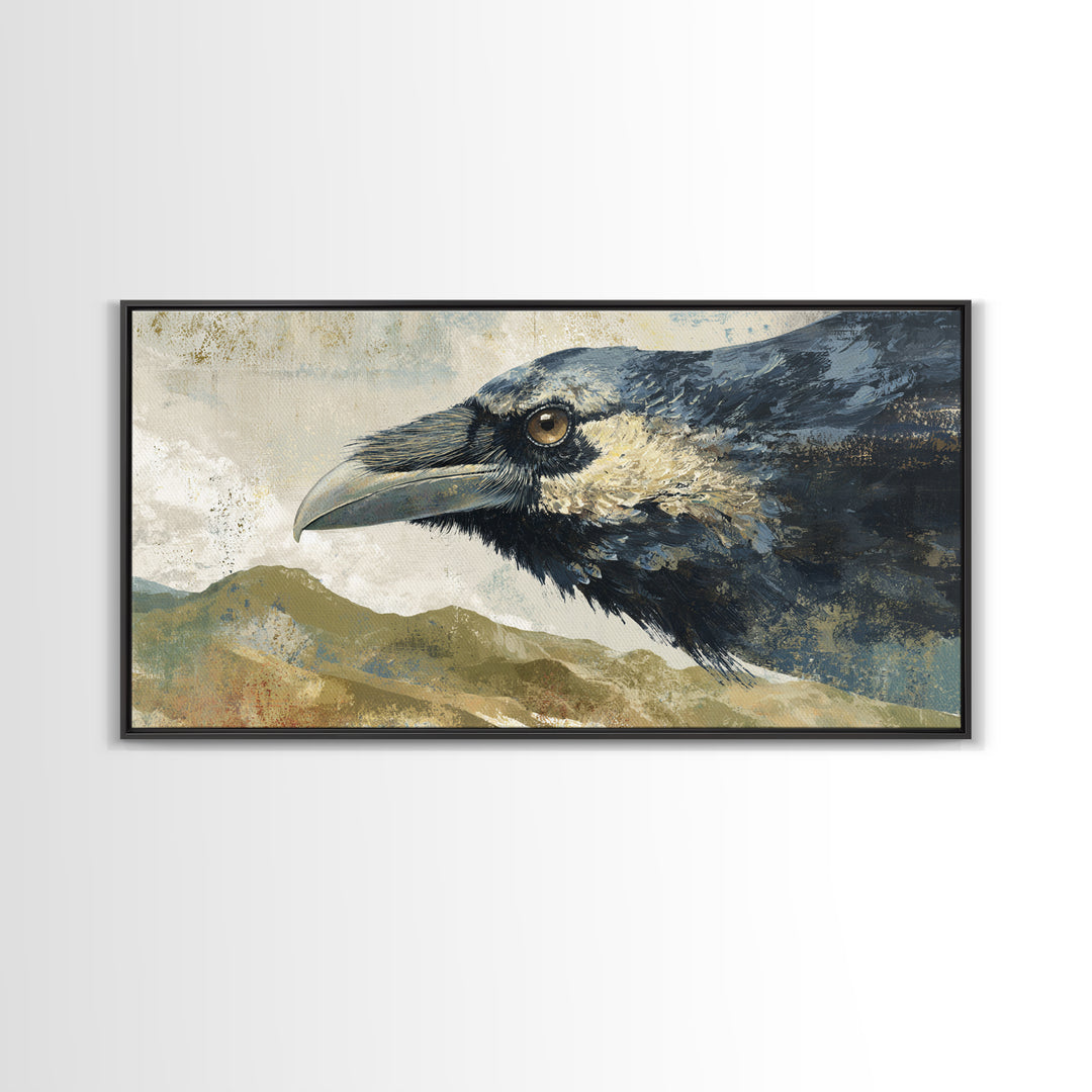 Raven Flying Through Snowy Mountains Canvas Print, Wildlife Art, Large Wall Art, Living Room Decor, Wild, Landscape Art, WIL-2x1-68