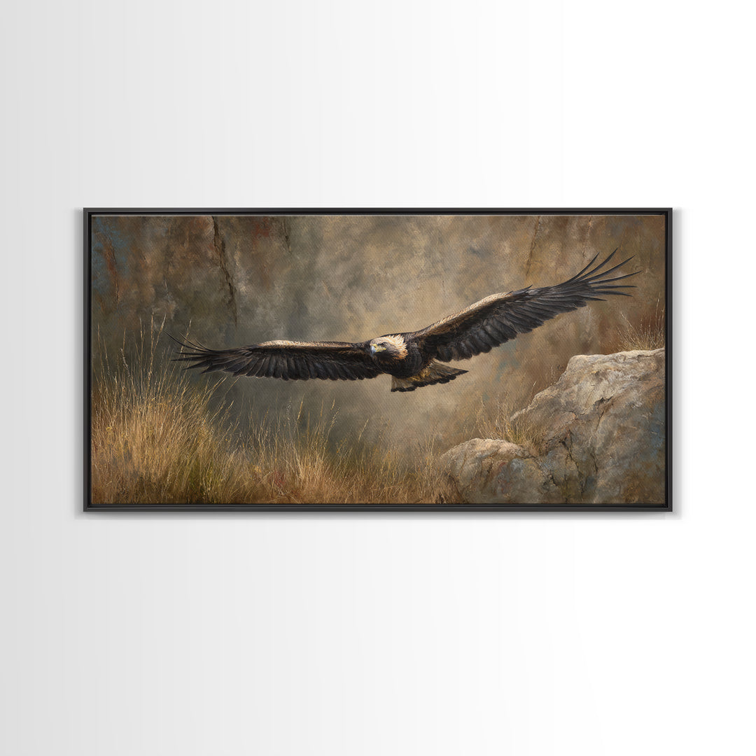Eagle Soaring Above Rocky Cliffs Canvas Print, Wildlife Art, Living Room Decor, Watercolor Art, Wild, Living Room Wall Art, WIL-2x1-74
