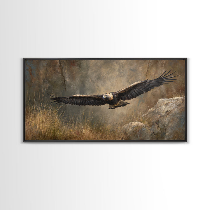 Eagle Soaring Above Rocky Cliffs Canvas Print, Wildlife Art, Living Room Decor, Watercolor Art, Wild, Living Room Wall Art, WIL-2x1-74