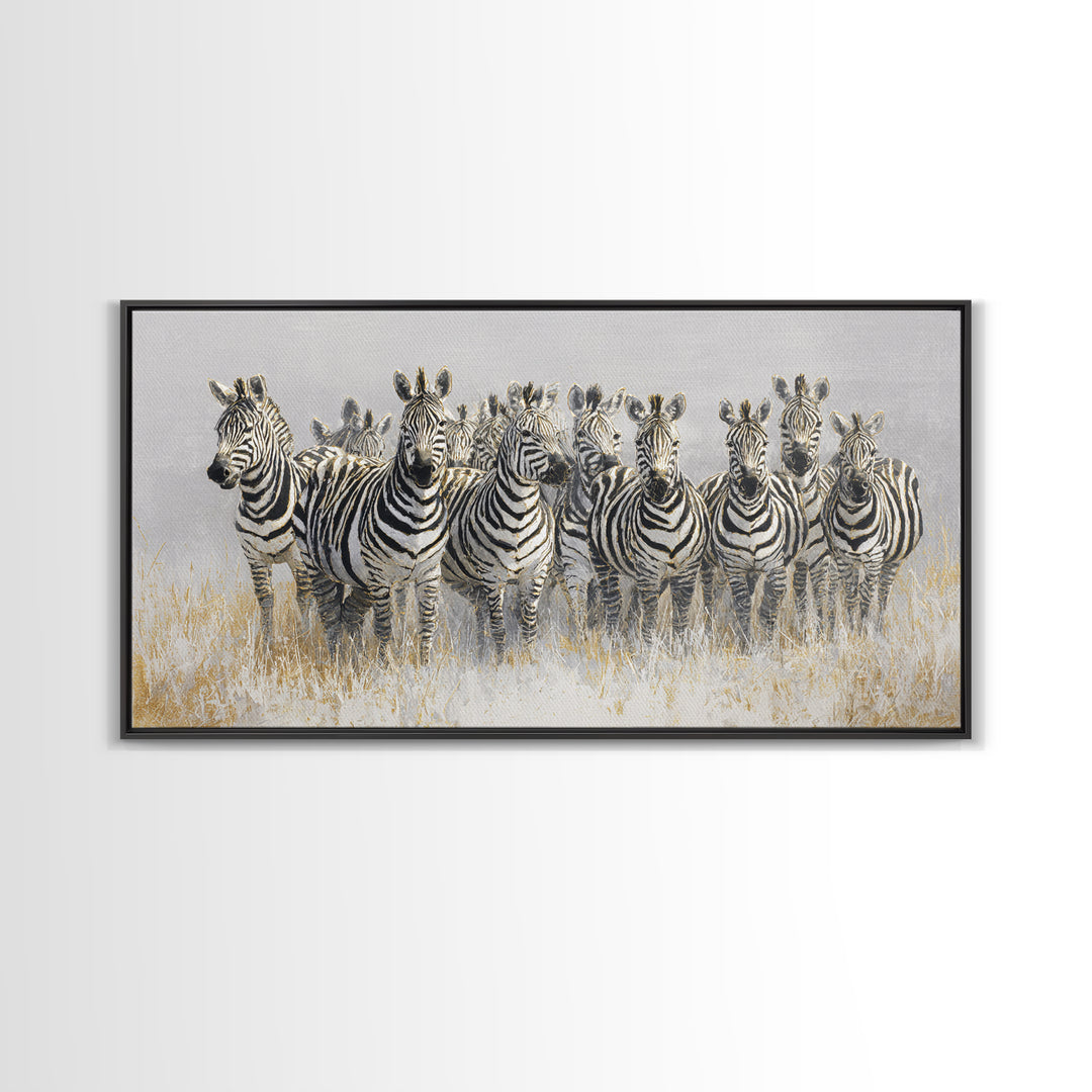 Zebra Herd in Graphic Black and White Framed Canvas Print, Wildlife Art, Bird Wall Art, Living Room Decor, Fine Art, Wild, WIL-2x1-79