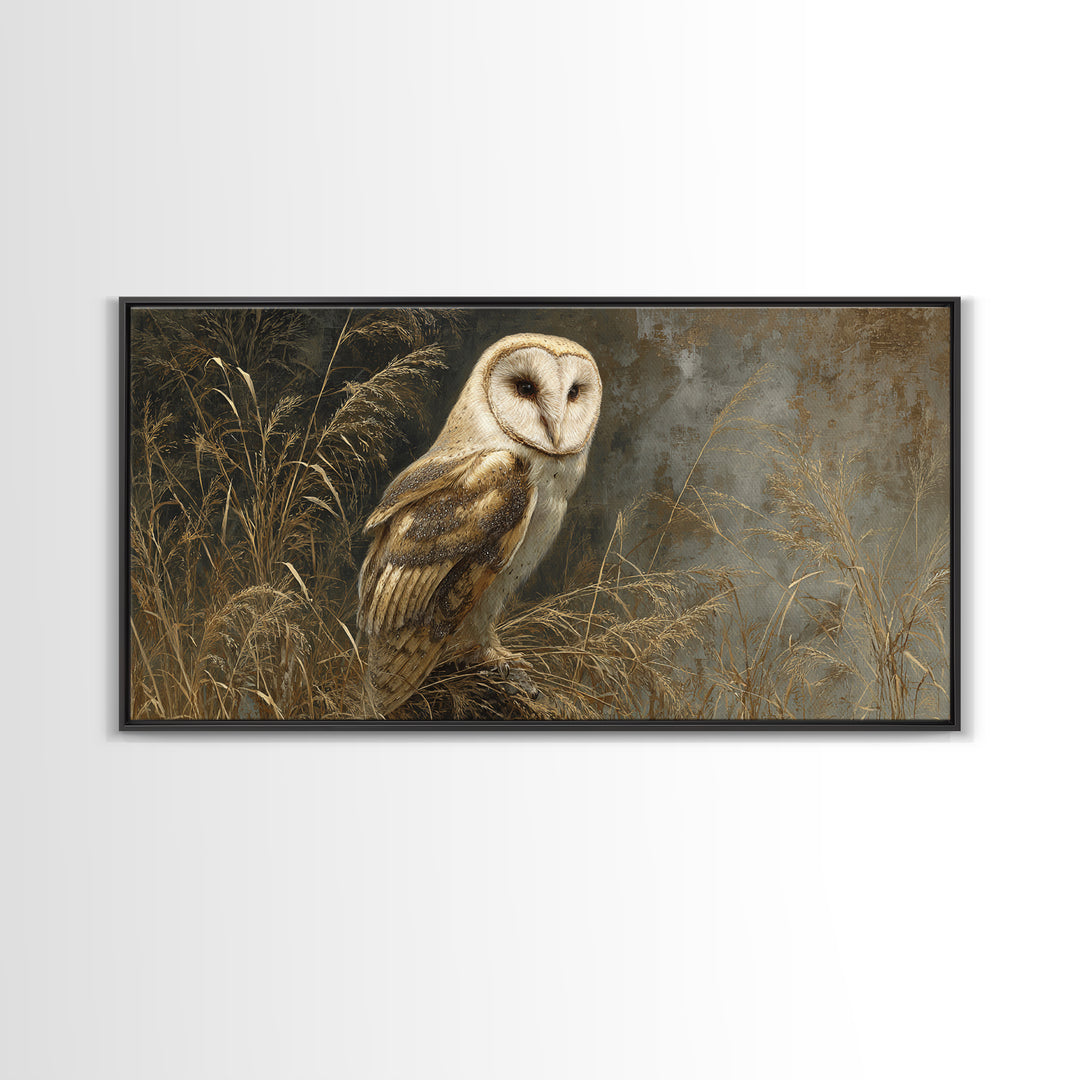Owl Perched in Moonlit Woodland Framed Canvas Print, Wildlife Art, Living Room Wall Art, Living Room Decor, Fine Art, Wild, WIL-2x1-80
