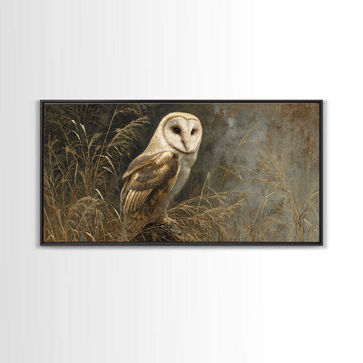 Owl Perched in Moonlit Woodland Framed Canvas Print, Wildlife Art, Living Room Wall Art, Living Room Decor, Fine Art, Wild, WIL-2x1-80