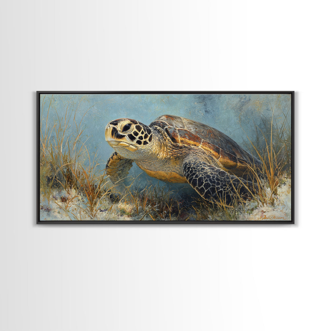 Sea Turtle over Coral Reef Framed Canvas Print, Wildlife Art, Home Decor, Living Room Decor, Fine Art, Wild, Boho Wall Decor, WIL-2x1-86