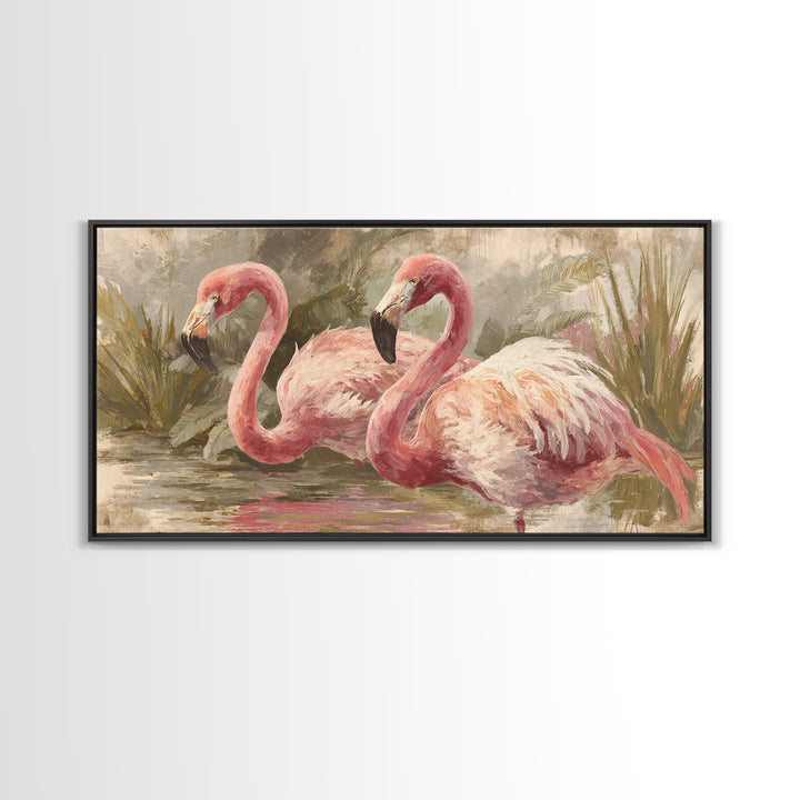 Flamingos in Pink Shallow Water Framed Canvas Print, Wildlife Art, Art, Living Room Decor, Oil Painting, Wild, WIL-2x1-90