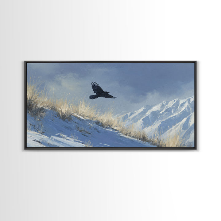 Raven Flying Through Snowy Mountains Framed Canvas Print, Wildlife Art, Boho Wall Decor, Living Room Decor, Fine Art, Wild, WIL-2x1-92