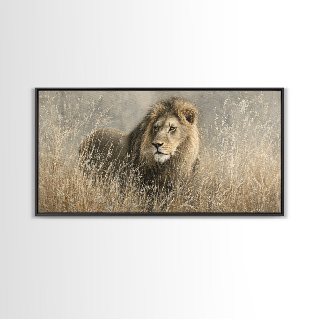 Lion Emerging from Golden Savanna Grass Canvas Print, Wildlife Art, Wall Art Print, Living Room Decor, Fine Art, Wild, WIL-2x1-93