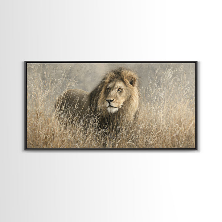 Lion Emerging from Golden Savanna Grass Canvas Print, Wildlife Art, Wall Art Print, Living Room Decor, Fine Art, Wild, WIL-2x1-93
