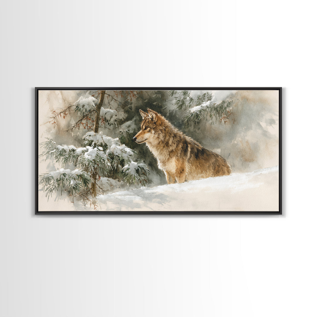 Wolf Standing Beneath Snowy Pine Trees Framed Canvas Print, Wildlife Art, Unique Home Decor, Living Room Decor, Fine Art, Wild, WIL-2x1-95