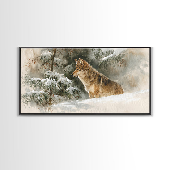 Wolf Standing Beneath Snowy Pine Trees Framed Canvas Print, Wildlife Art, Unique Home Decor, Living Room Decor, Fine Art, Wild, WIL-2x1-95