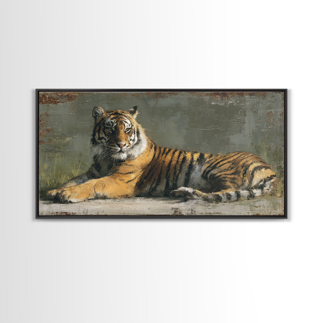 Tiger Portrait with Jungle Shadows Framed Canvas Print, Wildlife Art, Modern Wall Art, Living Room Decor, Oil Painting, Wild, WIL-2x1-97