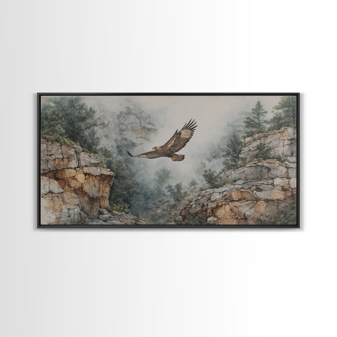 Eagle Soaring Above Rocky Cliffs Canvas Print, Wildlife Art, Living Room Decor, Watercolor Art, Wild, Living Room Wall Art, WIL-2x1-98
