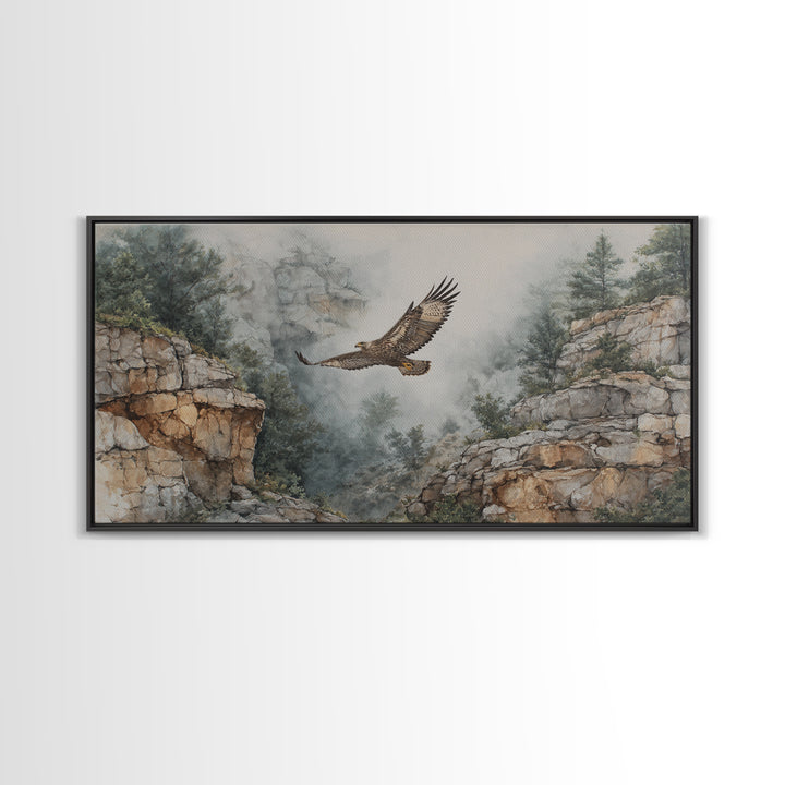 Eagle Soaring Above Rocky Cliffs Canvas Print, Wildlife Art, Living Room Decor, Watercolor Art, Wild, Living Room Wall Art, WIL-2x1-98