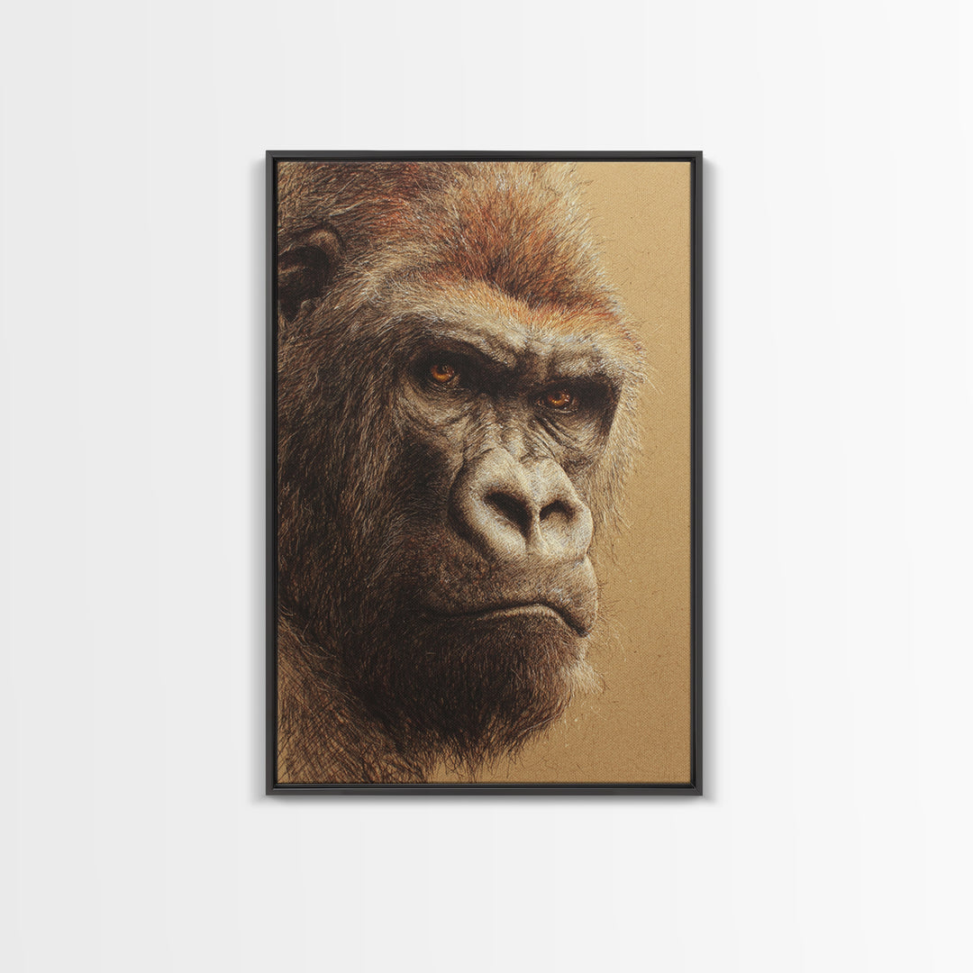Gorilla Portrait with Powerful Gaze Framed Canvas Print, Wildlife Art, Wall Art, Living Room Decor, Wild, Modern Wall Art, WIL-2x3-1