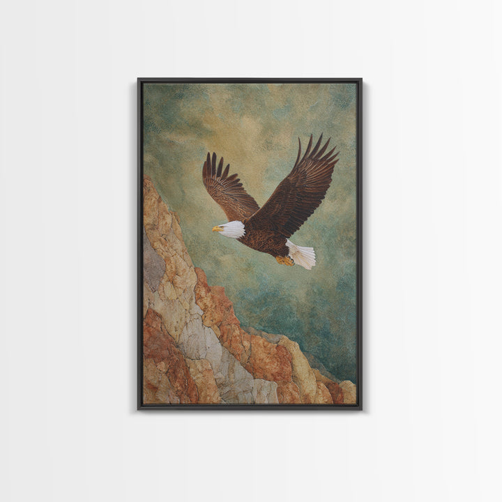 Eagle Soaring Above Rocky Cliffs Canvas Print, Wildlife Art, Art Print, Living Room Decor, Oil Painting, Wild, Digital Wall Art, WIL-2x3-14