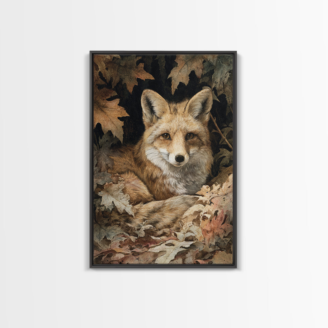 Fox in Autumn Forest Leaves Framed Canvas Print, Wildlife Art, Painting, Living Room Decor, Wild, Living Room Wall Art, WIL-2x3-17