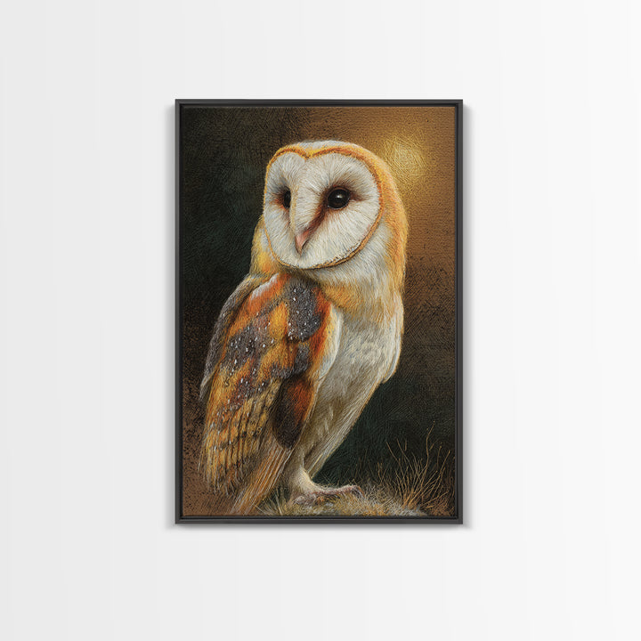 Owl Perched in Moonlit Woodland Framed Canvas Print, Wildlife Art, Oil Painting, Living Room Decor, Wild, Bedroom Wall Art, WIL-2x3-20