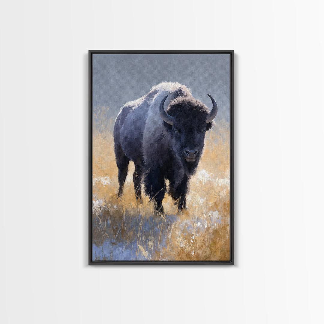 Bison on Wide Western Prairie Framed Canvas Print, Wildlife Art, Contemporary Art, Living Room Decor, Oil Painting, Wild, WIL-2x3-21