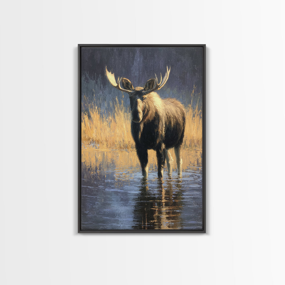 Moose Standing in Reflective Lake Canvas Print, Wildlife Art, Fine Art Print, Living Room Decor, Watercolor Art, Wild, WIL-2x3-27
