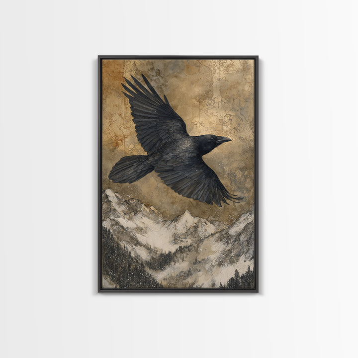 Raven Flying Through Snowy Mountains Canvas Print, Wildlife Art, Nature Wall Art, Living Room Decor, Watercolor Art, Wild, WIL-2x3-32