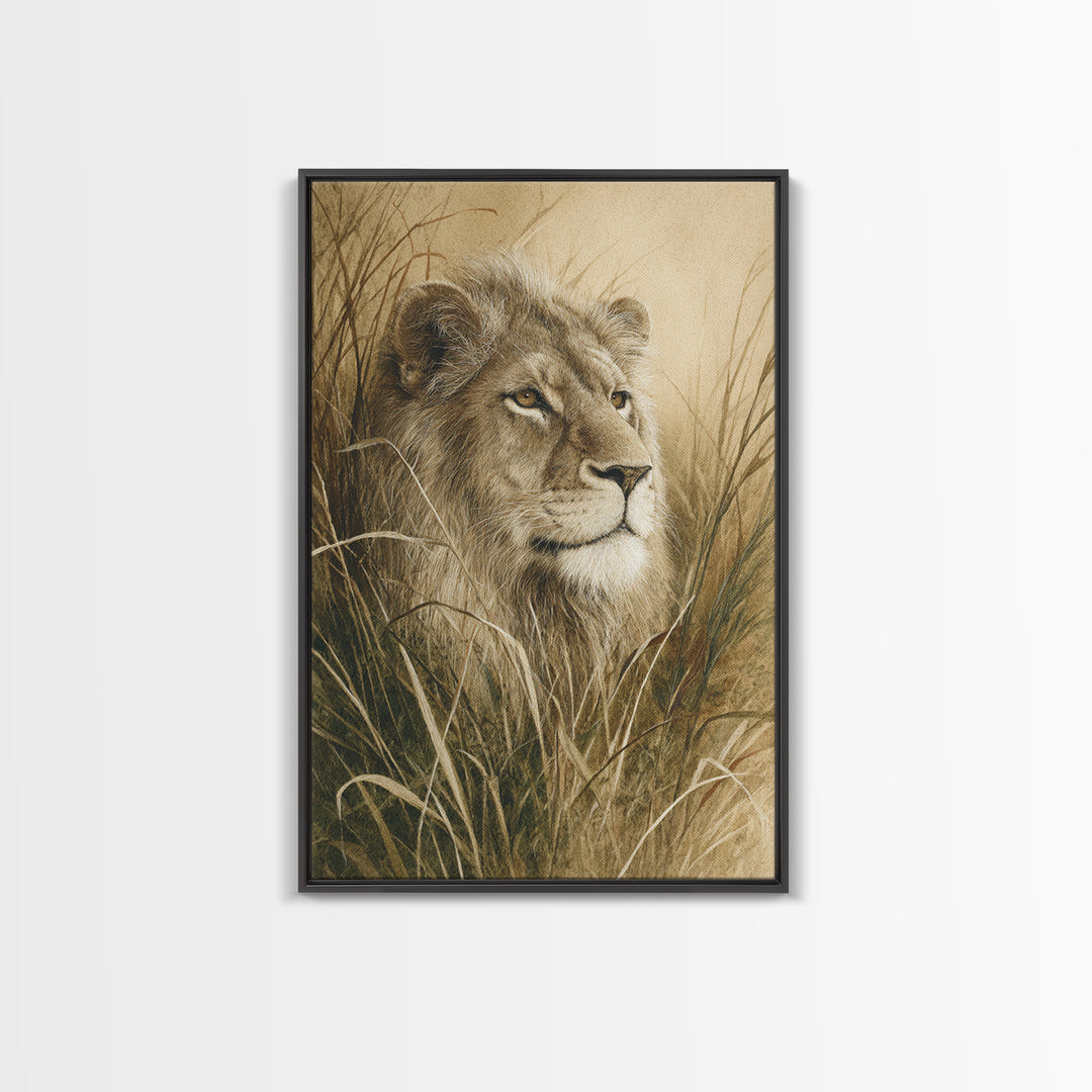 Lion Emerging from Golden Savanna Grass Framed Canvas Print, Wildlife Art, Living Room Decor, Watercolor Art, Wild, WIL-2x3-33