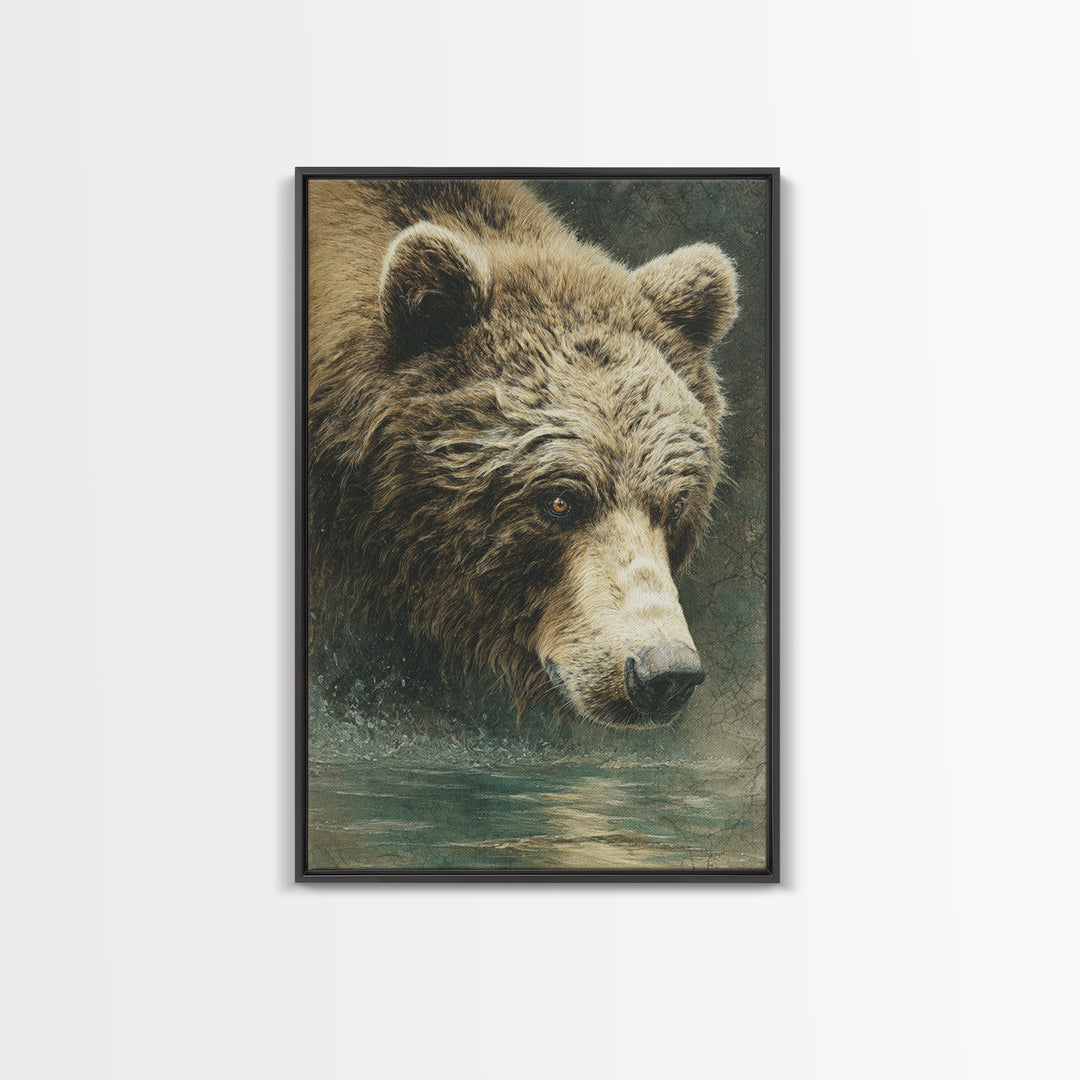 Bear Fishing in Rushing Mountain River Framed Canvas Print, Wildlife Art, Leopard Wall Art, Living Room Decor, Watercolor Art, WIL-2x3-36