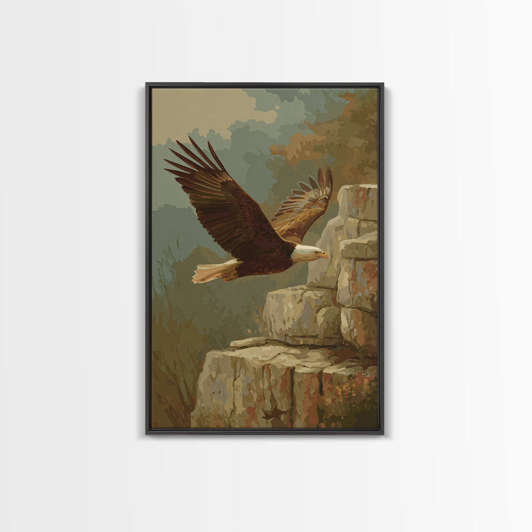 Eagle Soaring Above Rocky Cliffs Framed Canvas Print, Wildlife Art, Wall Art, Living Room Decor, Wild, Modern Wall Art, WIL-2x3-38