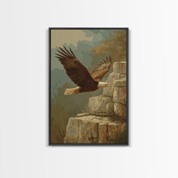 Eagle Soaring Above Rocky Cliffs Framed Canvas Print, Wildlife Art, Wall Art, Living Room Decor, Wild, Modern Wall Art, WIL-2x3-38