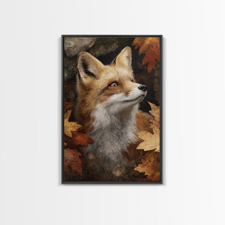 Fox in Autumn Forest Leaves Framed Canvas Print, Wildlife Art, Painting, Living Room Decor, Wild, Living Room Wall Art, WIL-2x3-41
