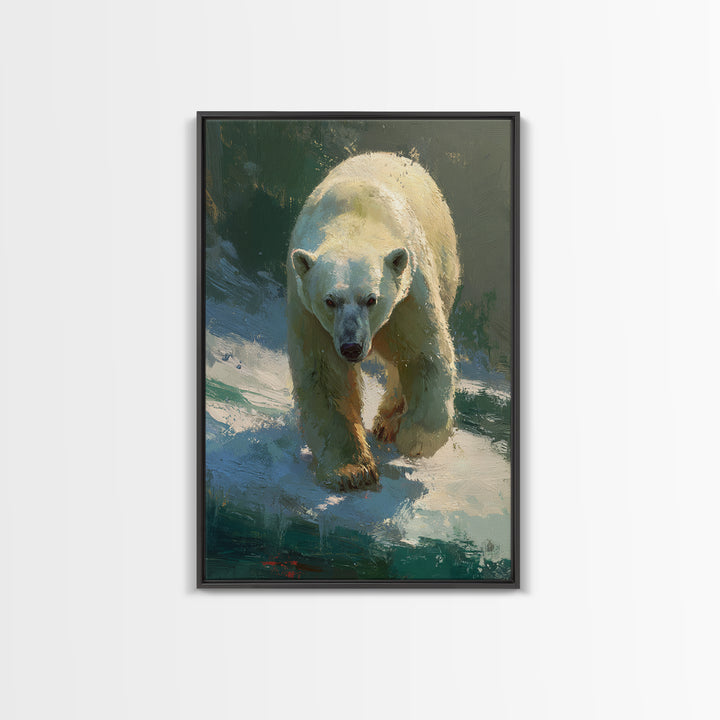 Polar Bear Crossing Blue Ice Framed Canvas Print, Wildlife Art, Wall Art, Living Room Decor, Abstract Art, Wild, WIL-2x3-47