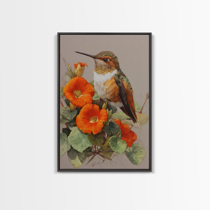 Hummingbird Beside Bright Flowers Framed Canvas Print, Wildlife Art, Boho Decor, Living Room Decor, Fine Art, Wild, Painting, WIL-2x3-48