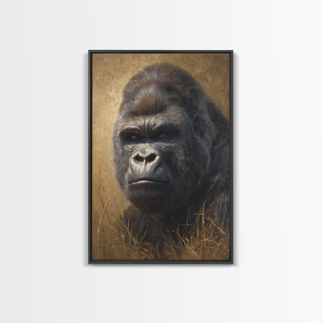 Gorilla Portrait with Powerful Gaze Canvas Print, Wildlife Art, Oil Painting, Living Room Decor, Wild, Bedroom Wall Art, WIL-2x3-49