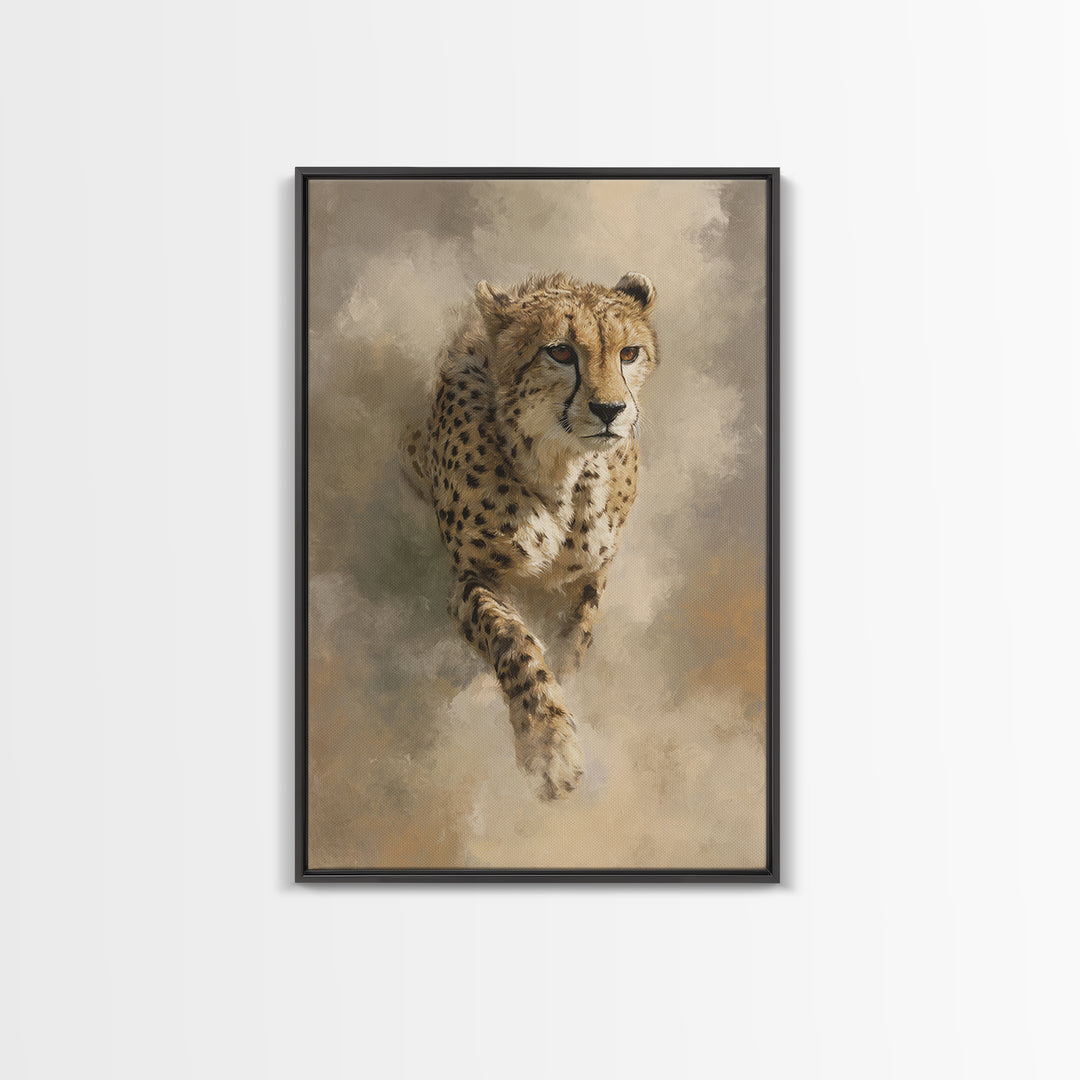 Cheetah Running Through Warm Dust Framed Canvas Print, Wildlife Art, Digital Wall Art, Living Room Decor, Oil Painting, Wild, WIL-2x3-53