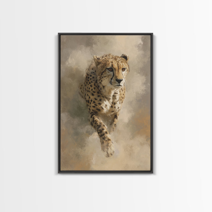 Cheetah Running Through Warm Dust Framed Canvas Print, Wildlife Art, Digital Wall Art, Living Room Decor, Oil Painting, Wild, WIL-2x3-53