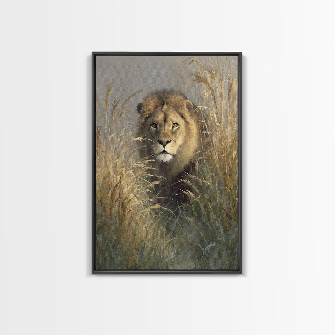 Lion Emerging from Golden Savanna Grass Canvas Print, Wildlife Art, Boho Wall Decor, Living Room Decor, Oil Painting, Wild, WIL-2x3-57