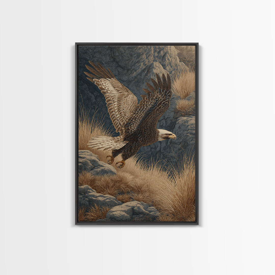 Eagle Soaring Above Rocky Cliffs Canvas Print, Wildlife Art, Oil Painting, Living Room Decor, Abstract Art, Wild, WIL-2x3-62
