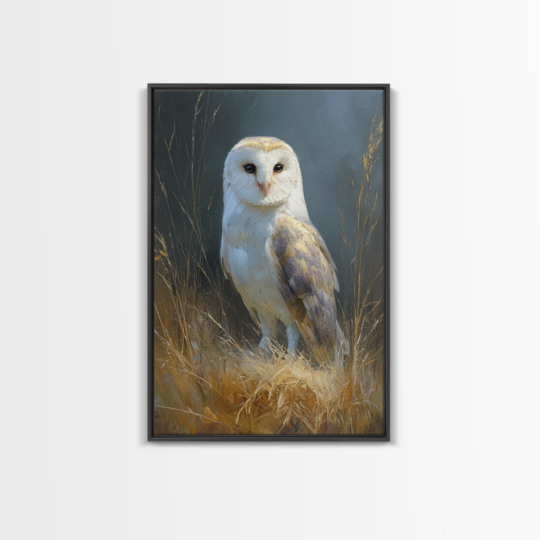 Owl Perched in Moonlit Woodland Framed Canvas Print, Wildlife Art, Large Wall Art, Living Room Decor, Fine Art, Wild, WIL-2x3-68