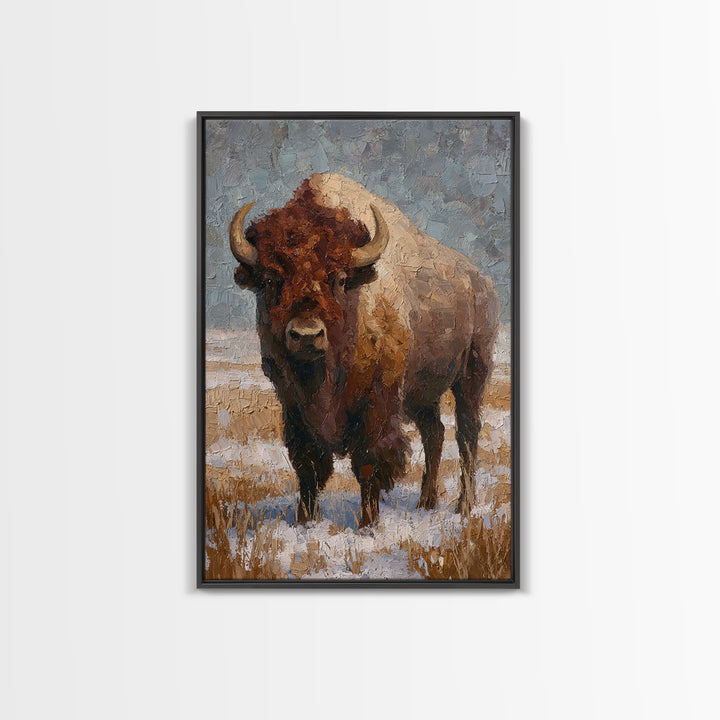 Bison on Wide Western Prairie Framed Canvas Print, Wildlife Art, Living Room Decor, Wild, Living Room Art, Canvas Painting, WIL-2x3-69