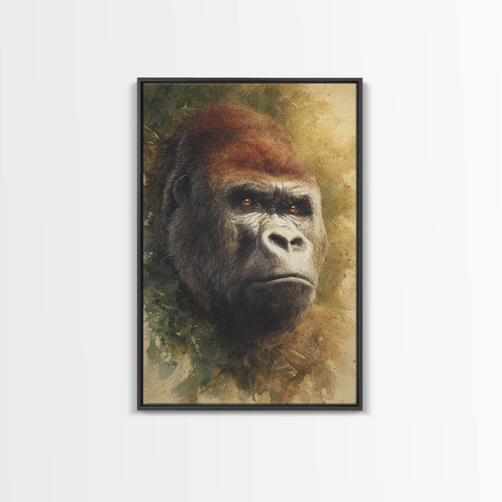 Gorilla Portrait with Powerful Gaze Framed Canvas Print, Wildlife Art, Wall Art Print, Living Room Decor, Oil Painting, Wild, WIL-2x3-73